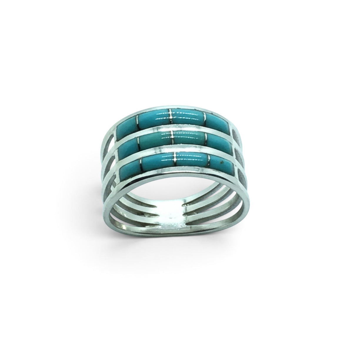 Rare Earth Gallery sterling silver ring featuring three rows of rectangular turquoise inlays on a four-band design.