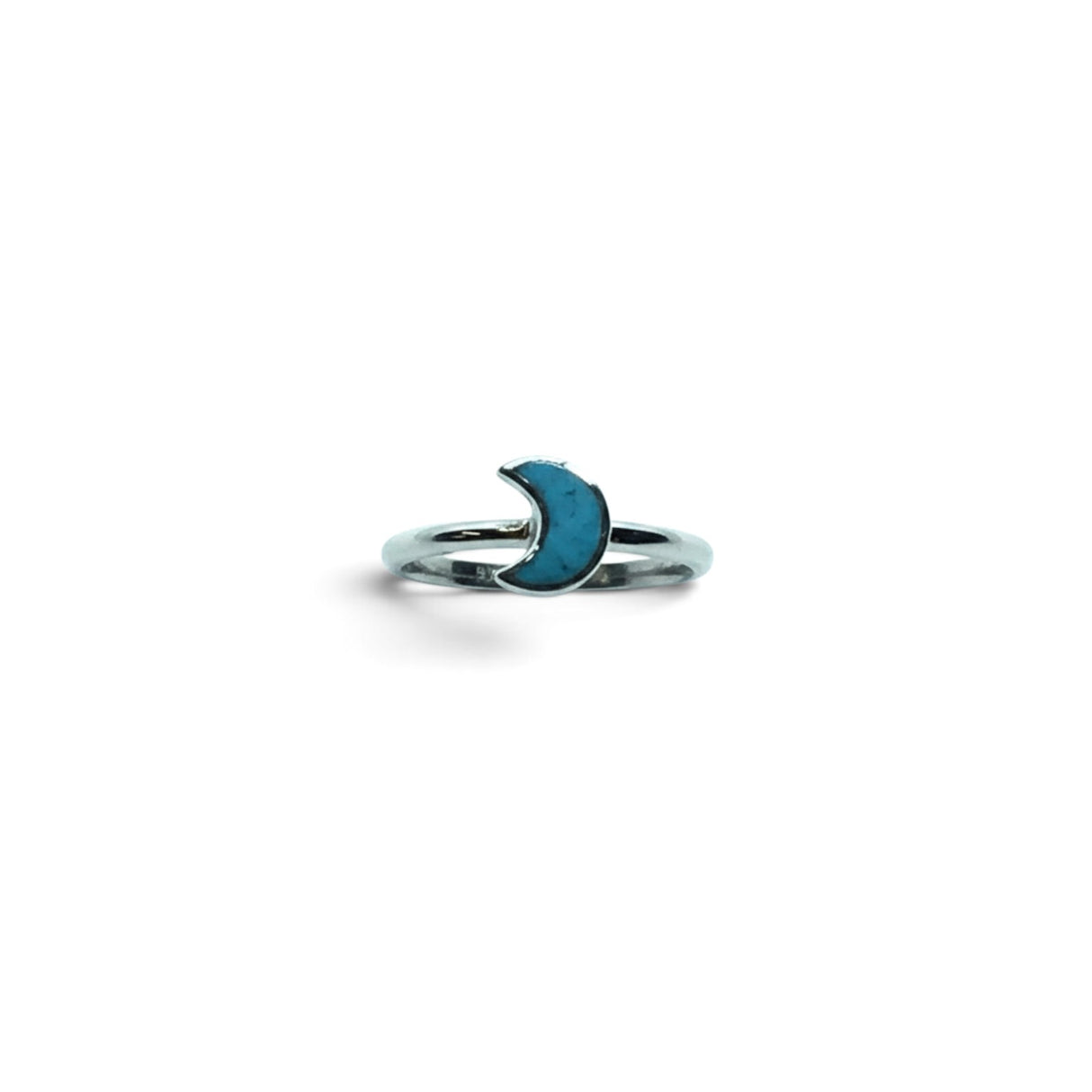 Rare Earth Gallery turquoise half moon ring with a simple silver bezel setting, size 4