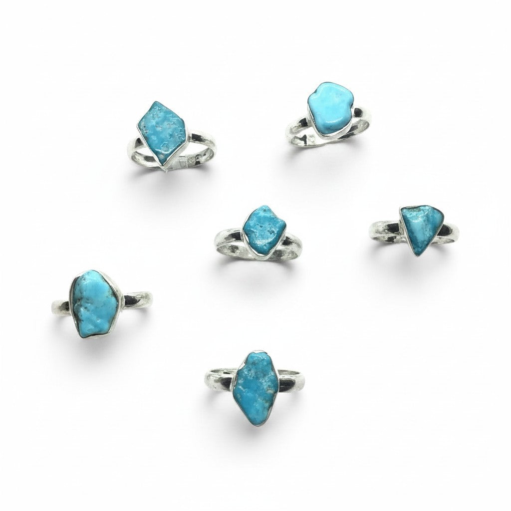 Rare Earth Gallery turquoise nugget rings with polished freeform stones set in 925 sterling silver bezels