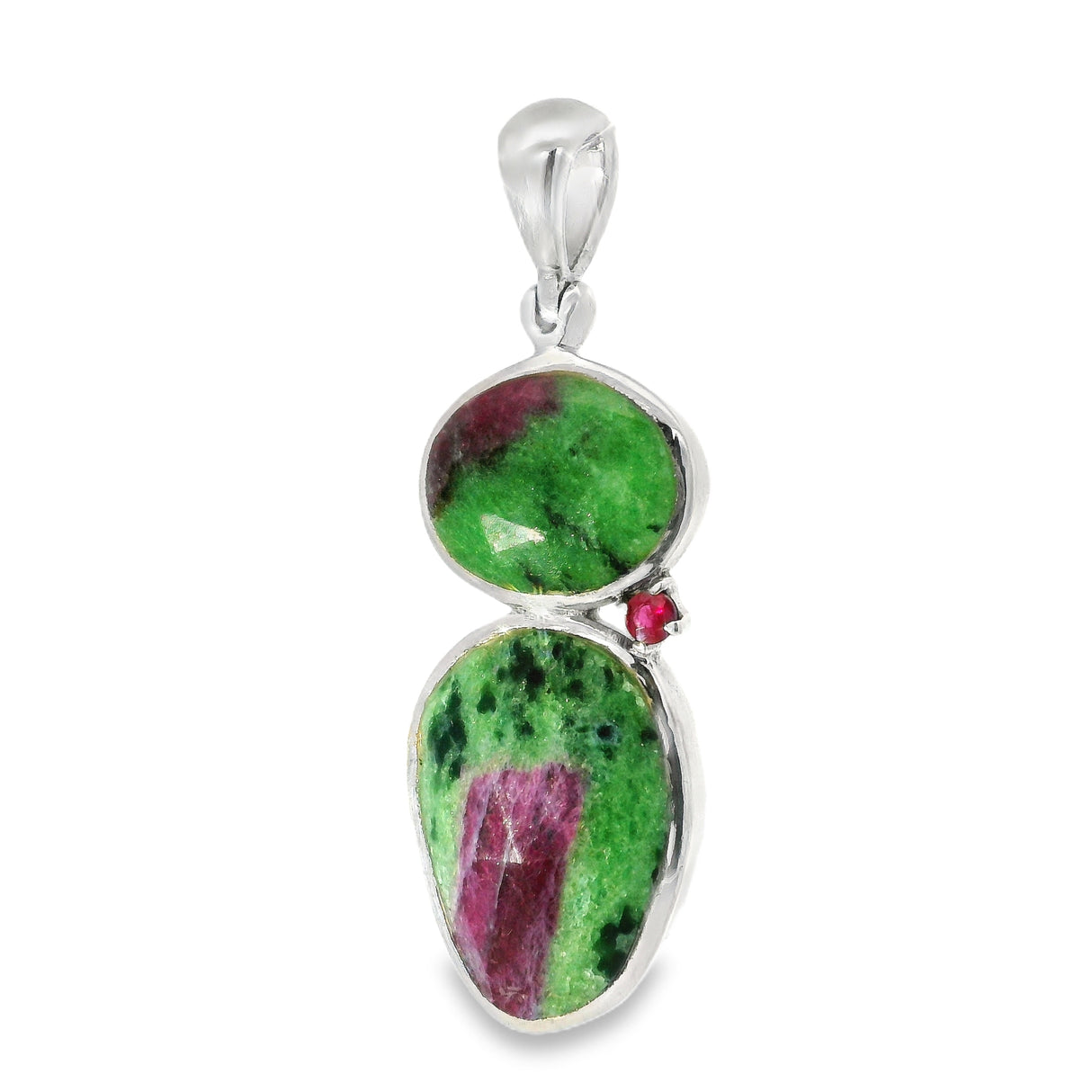 Ruby zoisite pendant with two green and pink bezel-set stones and a small prong-set ruby accent in silver
