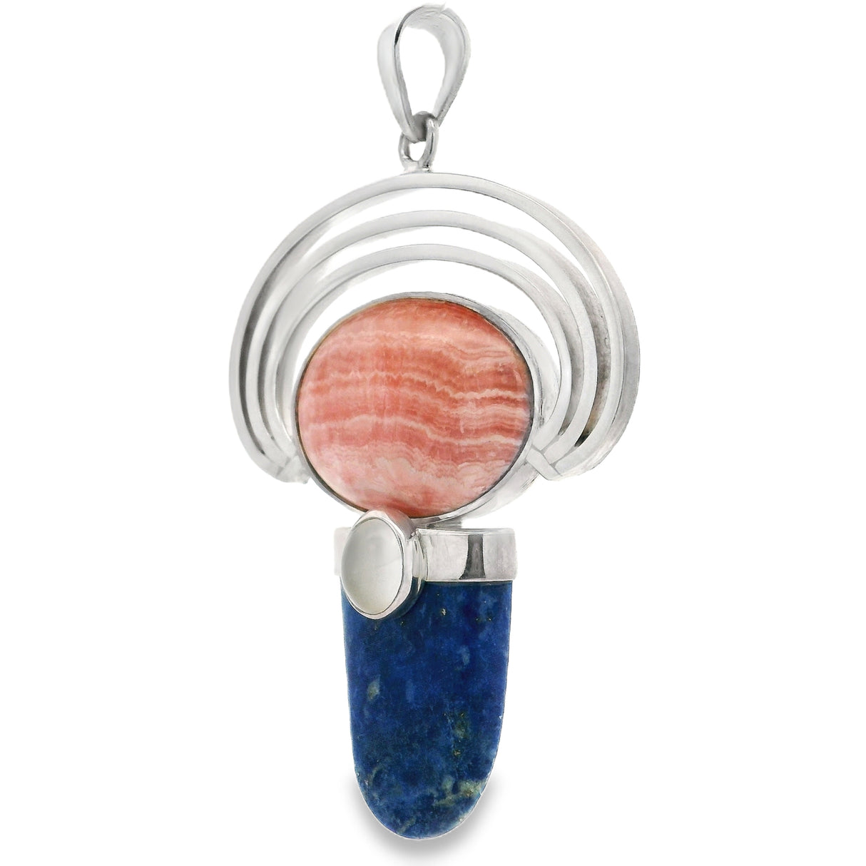 Rhodochrosite Pendant - Oval Cabochon with Lapis Lazuli Lantern Gemstone & Moonstone Radial Silver Half Circle Trio