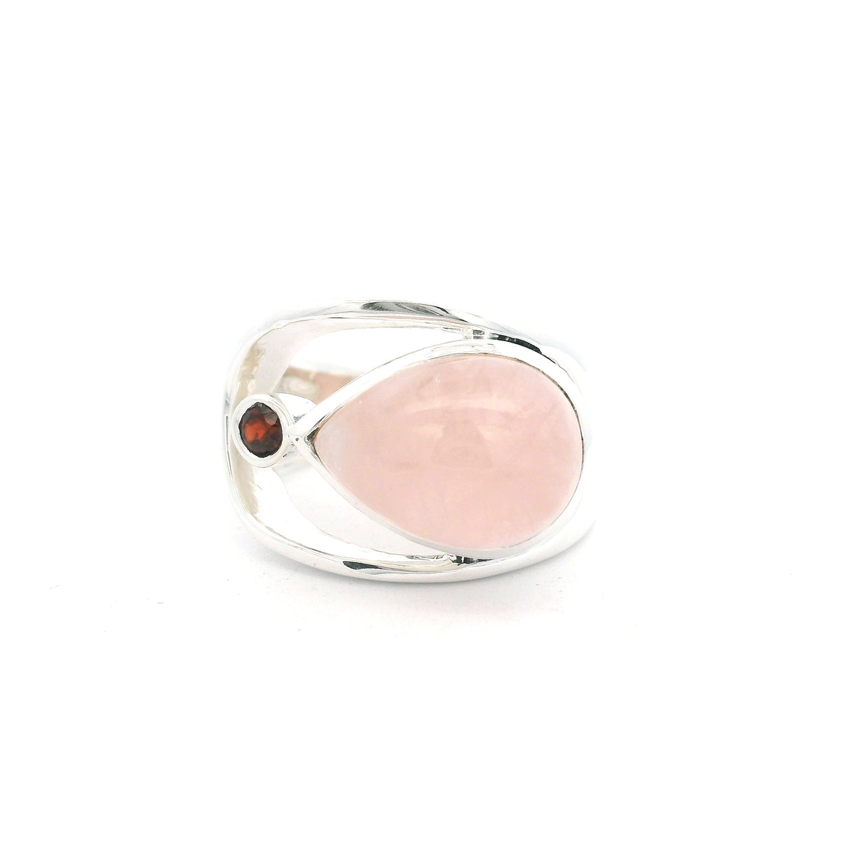 Rose Quartz Ring - Pear Cabochon with Faceted Garnet Round & Silver Bezels Set on Open Band Top