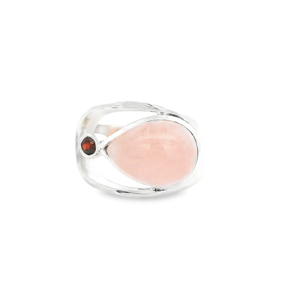 Rose Quartz Ring - Pear Cabochon with Faceted Garnet Round & Silver Bezels Set on Open Band Top
