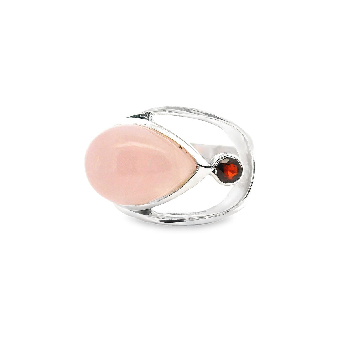 Rose Quartz Ring - Pear Cabochon with Faceted Garnet Round & Silver Bezels Set on Open Band Top