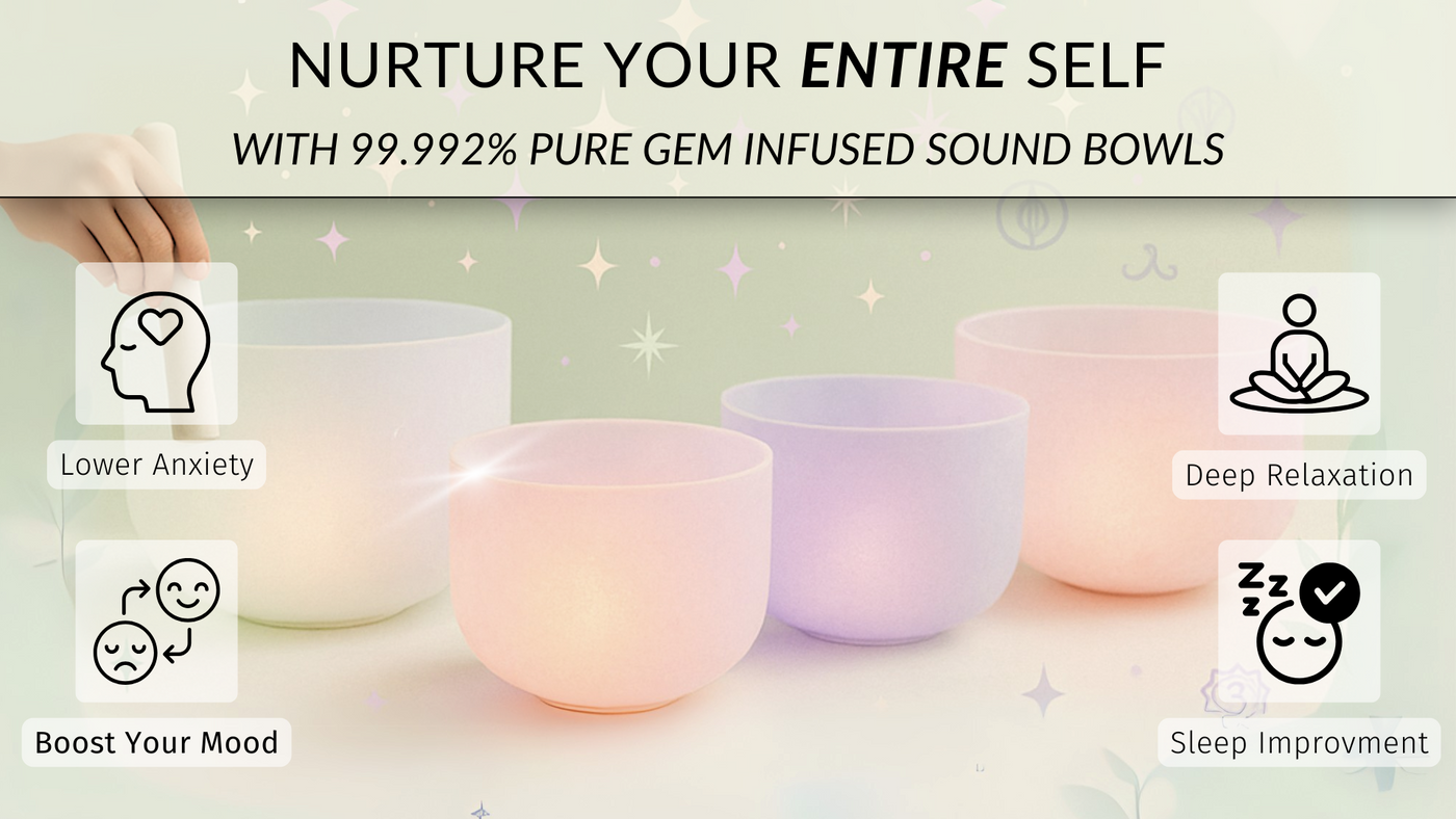 Singing bowls with text promoting their benefits on a light green background