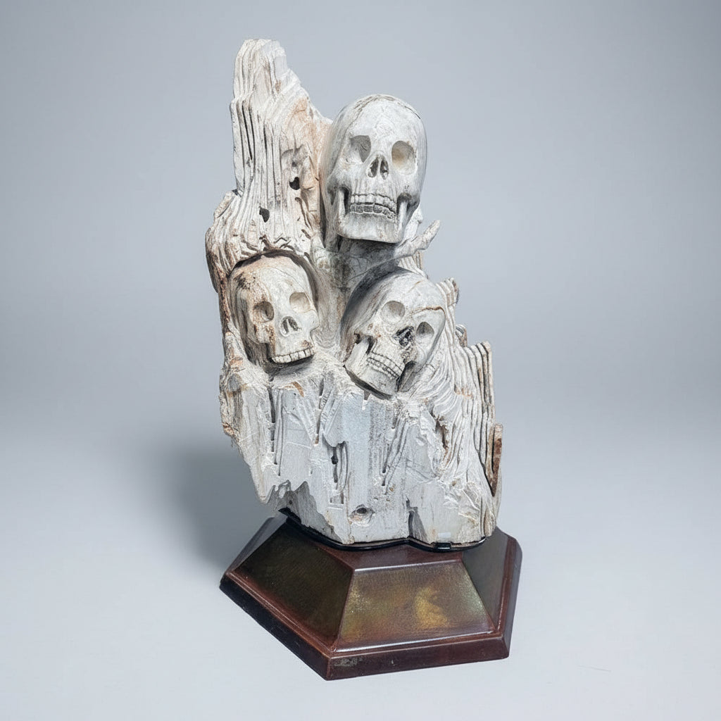 Hand-Carved Petrified Wood Skull Trio In Custom Swivel Base