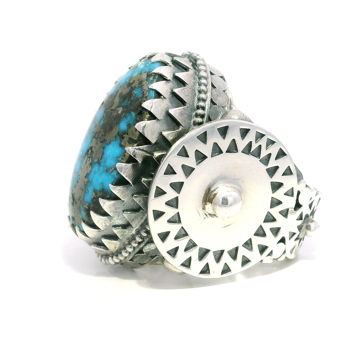 Turquoise & Pyrite Ring on Valhalla Band - Oval Cabochon