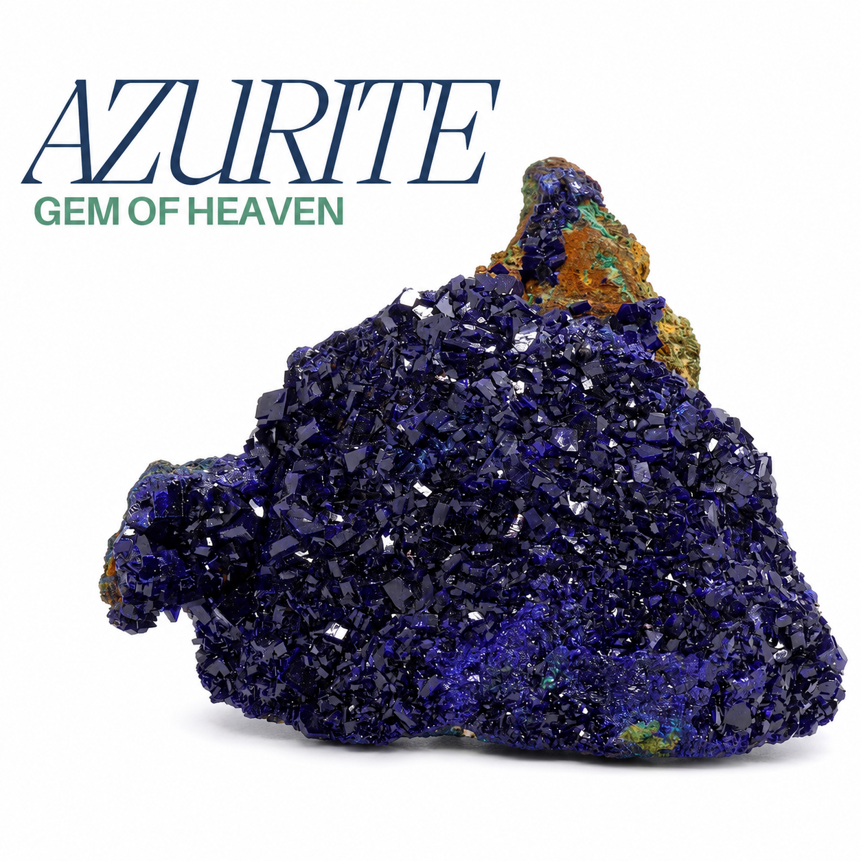 Azurite, gem of heaven — a deep-blue sparkling crystal cluster with green and orange matrix on a white background