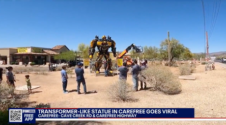 Massive scrap metal Bumblebee robot sculpture made from auto parts, located north of Scottsdale in Cave Creek.