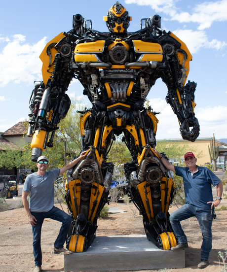 Large-scale metal Bumblebee figure crafted from vehicle salvage and mechanical parts in Cave Creek, north of Scottsdale