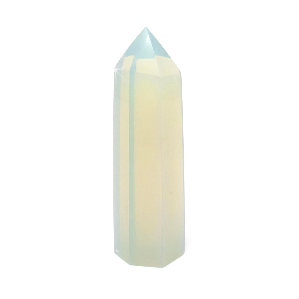 Opalite tower point with milky white body, blue-green flash and faceted six-sided tip