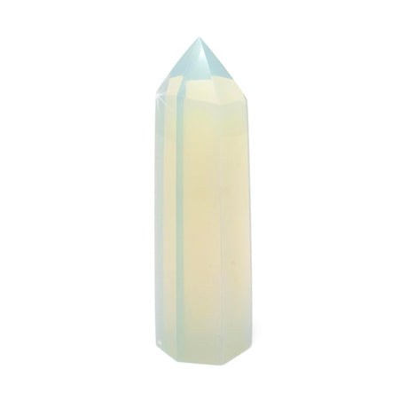 Opalite tower point with milky white body, blue-green flash and faceted six-sided tip