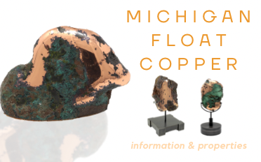Michigan Float Copper — polished copper specimen with green patina beside two mounted copper pieces on stands
