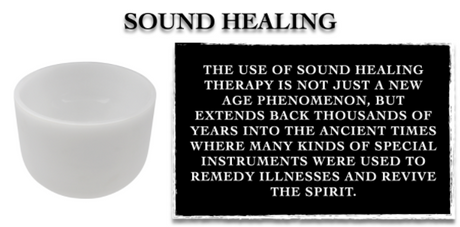 Sound healing, a white frosted crystal singing bowl beside a text panel about ancient sound healing therapy