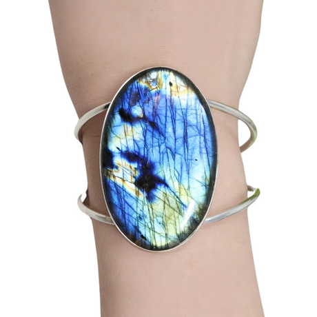 shimmering labradorite bracelet on woman's wrist