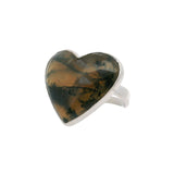 Moss Agate Ring - Heart Cabochon with Horizontal Lines of Green Inclusions Bezel Set in Simple 925 Sterling Silver szAdj