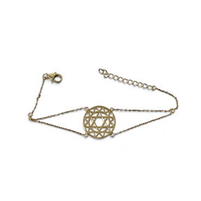 Rare Earth Gallery gold overlay sterling silver heart chakra bracelet with sacred geometry design on a delicate chain