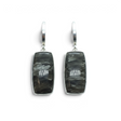 Rare Earth Gallery golden seraphinite dangle earrings featuring elongated rectangle cabochons in silver bezels.