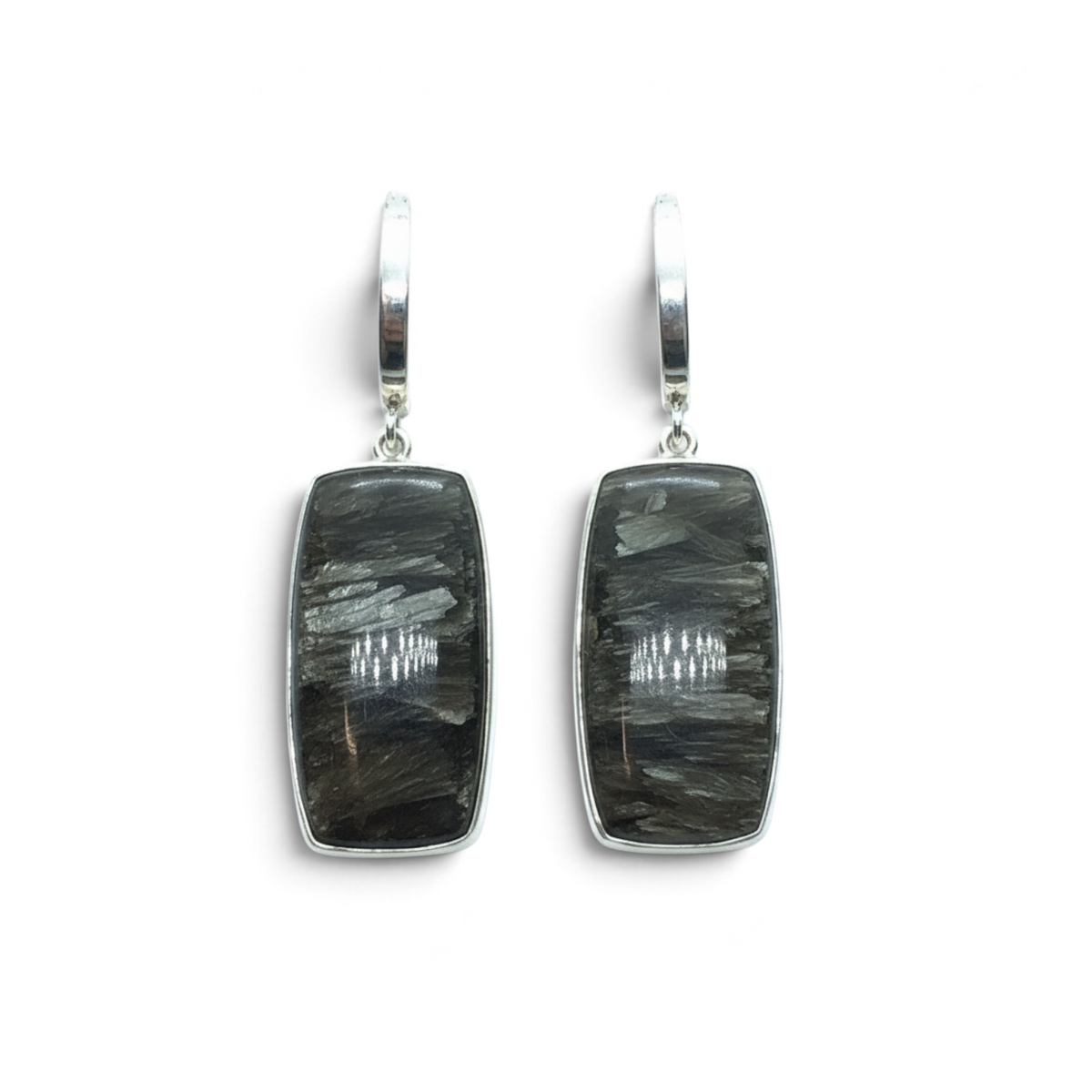 Rare Earth Gallery golden seraphinite dangle earrings featuring elongated rectangle cabochons in silver bezels.