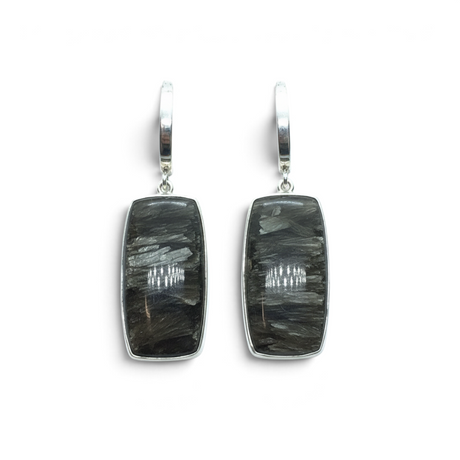 Rare Earth Gallery golden seraphinite dangle earrings featuring elongated rectangle cabochons in silver bezels.