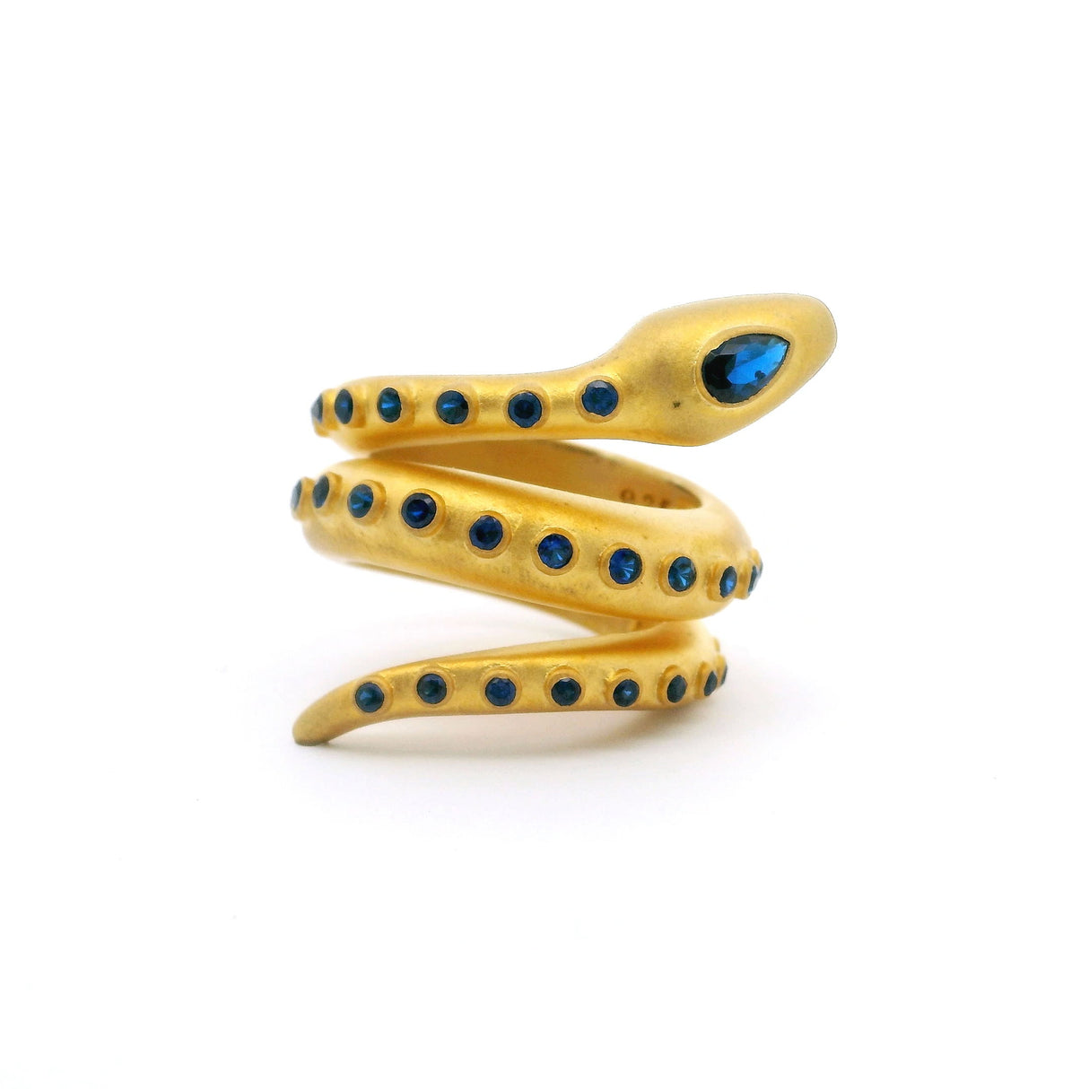Nano Stone Ring - Wrap-around Brushed Gold Snake with Blue Eyes & Blue Crystal Accents Bezel Set in Gold Vermeil over 925 Sterling Silver sz7.5
