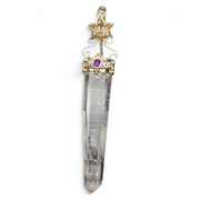 Rare Earth Gallery quartz crystal point pendant with gold-plated sterling silver, amethyst, and Merkabah star detail.
