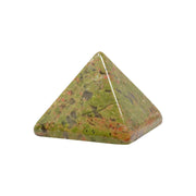 Unakite pyramid with mossy green base and salmon-pink mottling, polished four-sided point