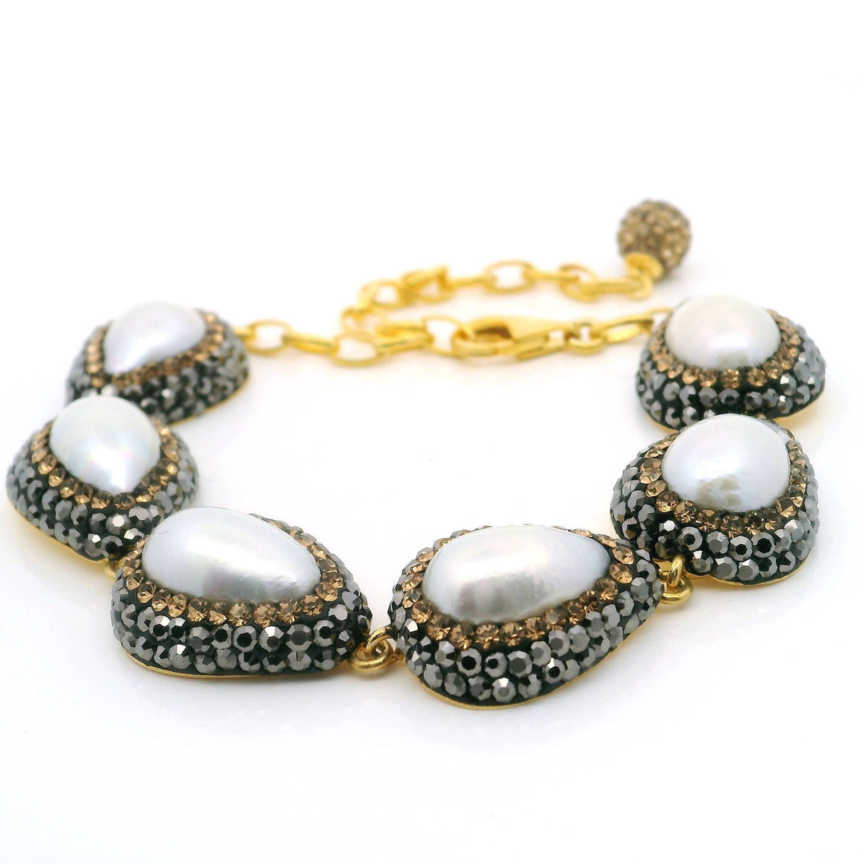 Baroque Pearl Link Bracelet - 6 Pear Baroque Pearls with Marcasite & Gold Swarovski Crystals & Gold Vermeil over 925 Sterling Silver