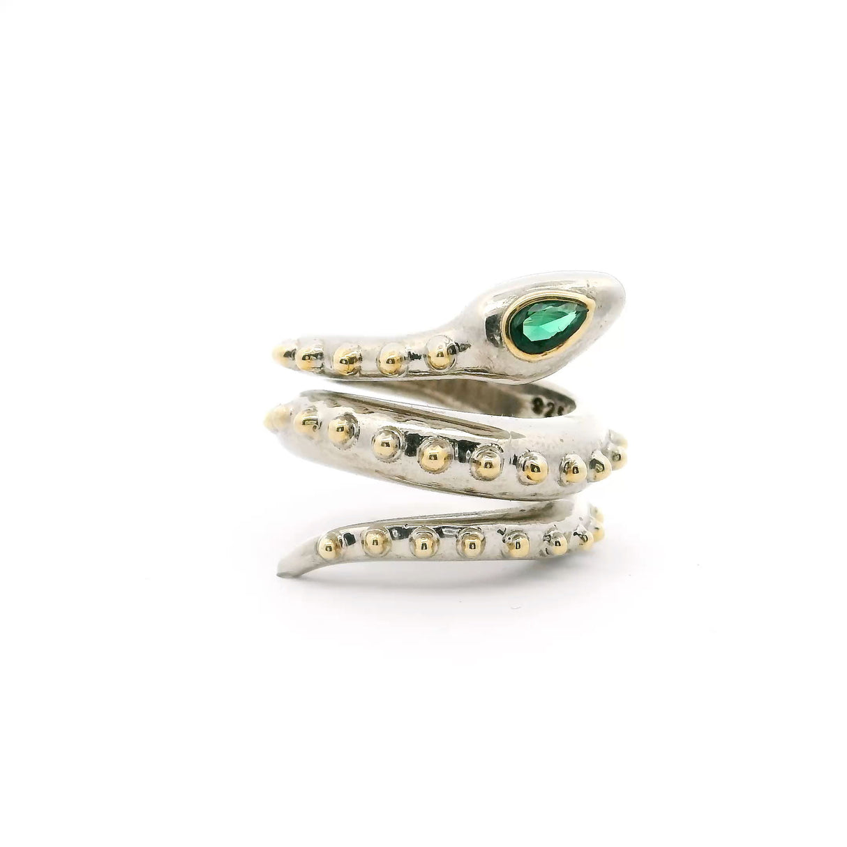 Nano Stone Ring - Wrap-around Silver Snake with Green Eyes & Beaded Accents in 925 Sterling Silver sz6