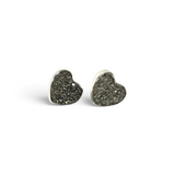 Rare Earth Gallery silver titanium heart-shaped stud earrings featuring sparkling grey druze crystal textures.