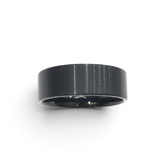 Rare Earth Gallery 9mm black tungsten ring with a brushed finish and pipe cut design