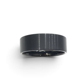 Rare Earth Gallery 9mm black tungsten ring with a brushed finish and pipe cut design