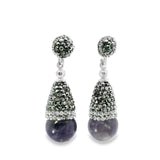 Amethyst Dangle Earrings - Amethyst Sphere Below Reverse Cone of Marcasite & Silver Swarovski Crystals with 925 Sterling Silver