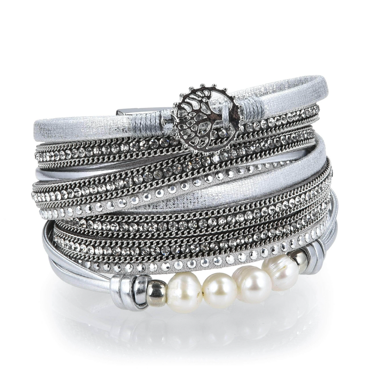 Tree Of Life Design Silver Leather & Pearls Double Wrap Bracelet with Magnetic Clasp - Sacred Geometry