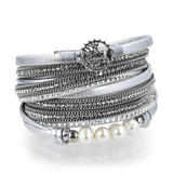 Tree Of Life Design Silver Leather & Pearls Double Wrap Bracelet with Magnetic Clasp - Sacred Geometry