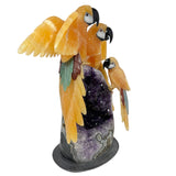 Three Calcite Macaws Perched on Amethyst Geode Base on Black Marble -Tail Feathers of Red Jasper Tigers Eye & Aventurine