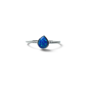 Rare Earth Gallery pear-shaped blue opal ring featuring a delicate textured silver band on a white background
