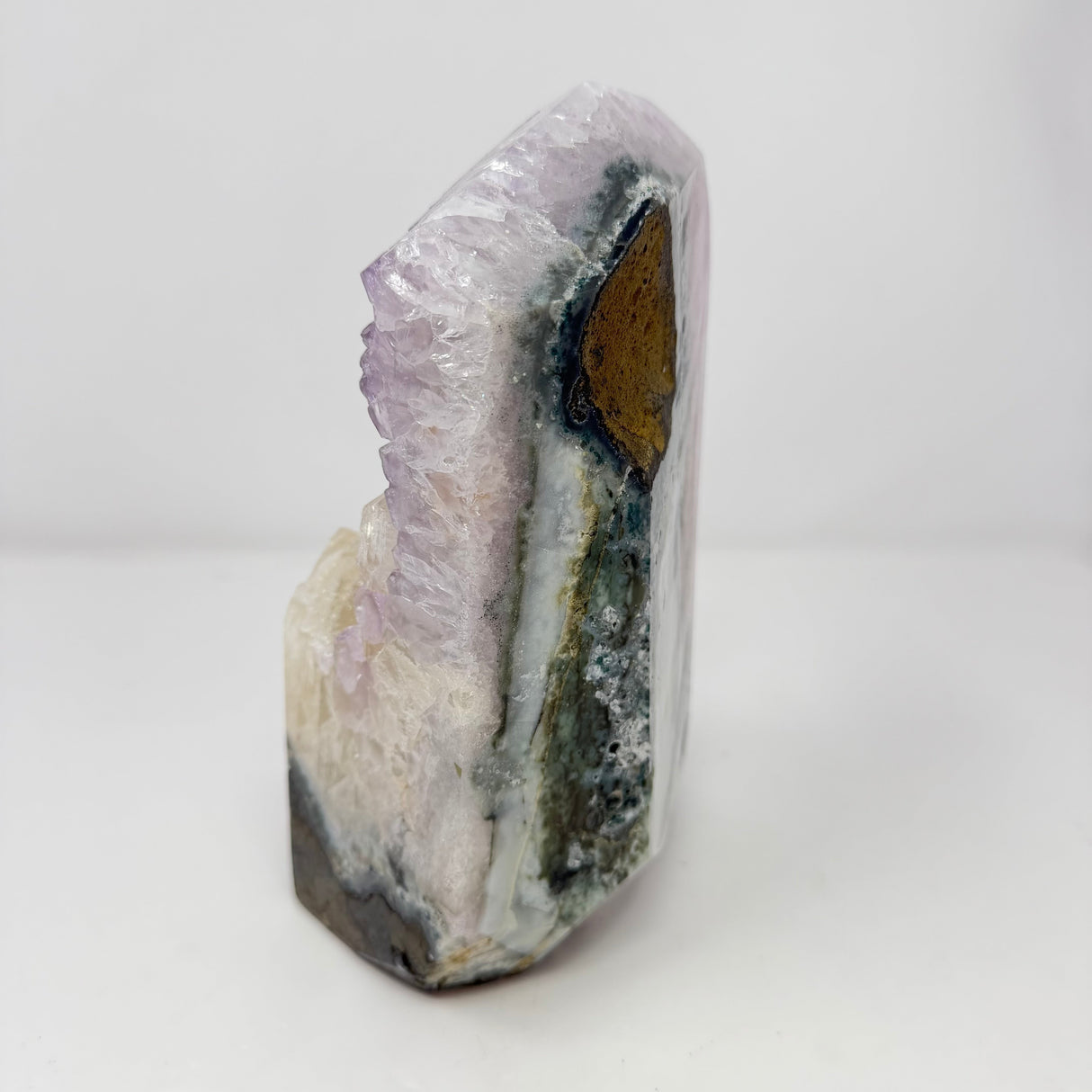 Rose de France Faceted Crystal Plaque with Calcite Crystal Feature - Cut Base