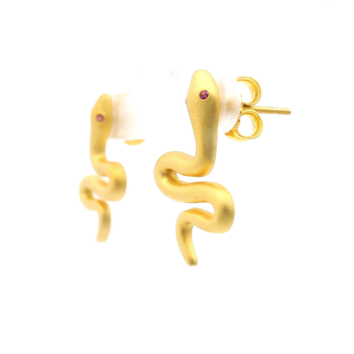 Nano Stone Stud Earrings - Brushed Gold Snake with Pink Eyes in Gold Vermeil over 925 Sterling Silver