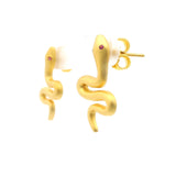 Nano Stone Stud Earrings - Brushed Gold Snake with Pink Eyes in Gold Vermeil over 925 Sterling Silver