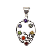 Seven chakra pendant with faceted gemstone rounds on an open silver wire oval with wire flower detail