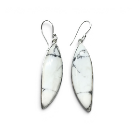 Rare Earth Gallery howlite dangle earrings featuring elongated sharp oval cabochons set in 925 sterling silver bezels.