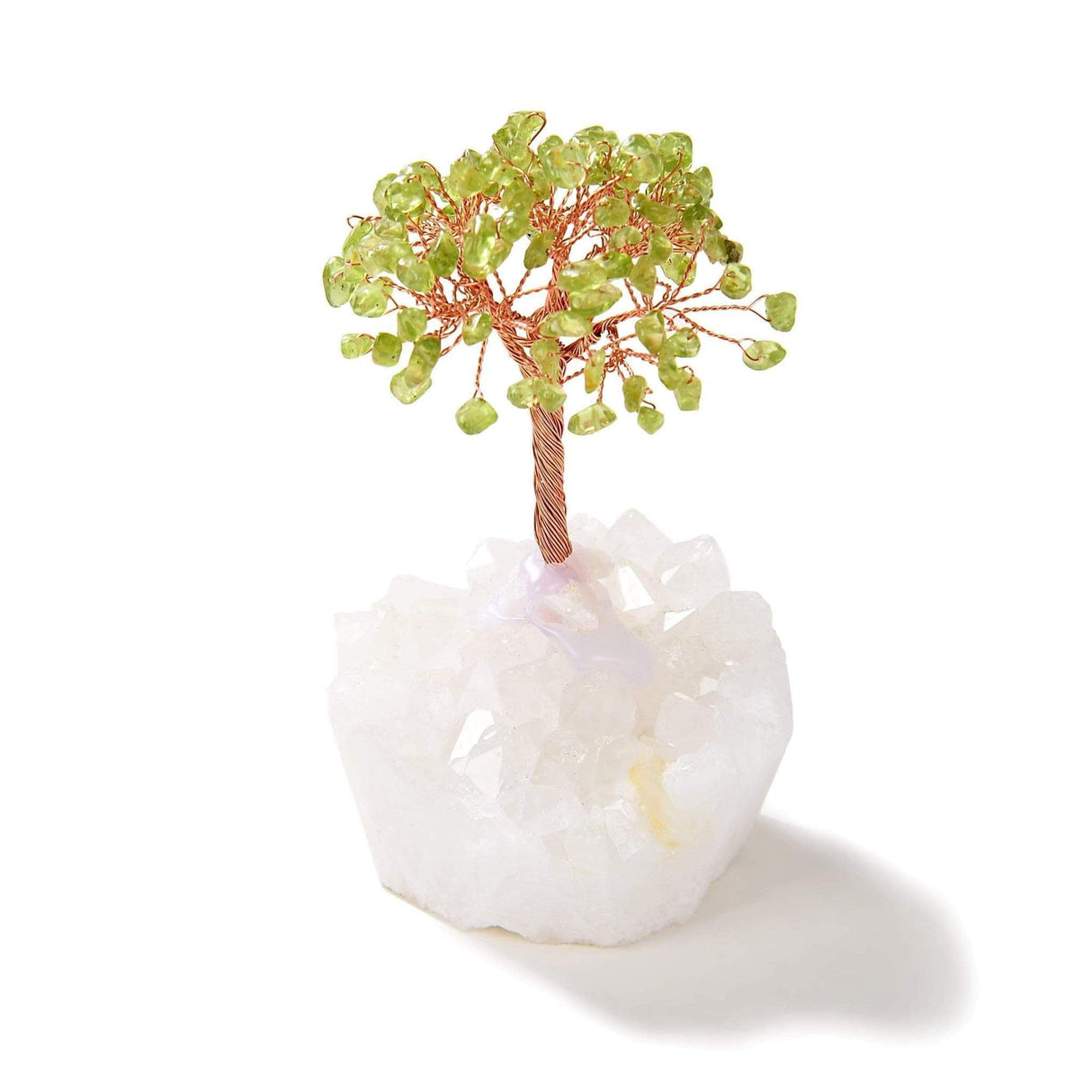 Peridot Copper Wire Beaded Gemstone Tree on Quartz Crystal Base