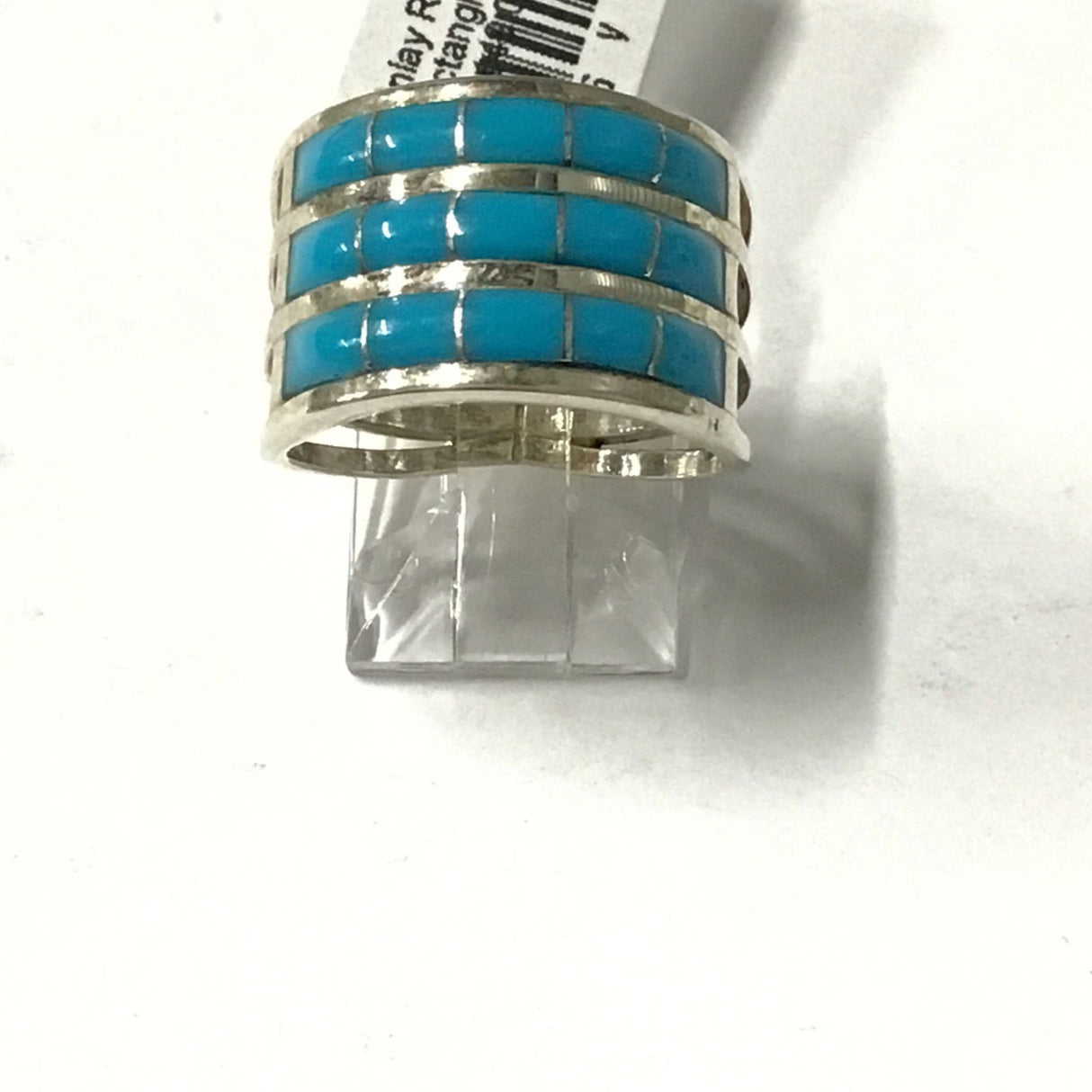 Az turquoise inlay band ring, three rows of blue rectangles divided by silver channels