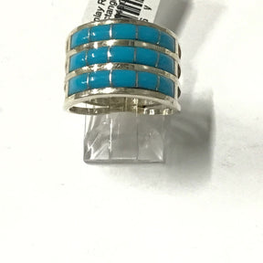 Az turquoise inlay band ring, three rows of blue rectangles divided by silver channels