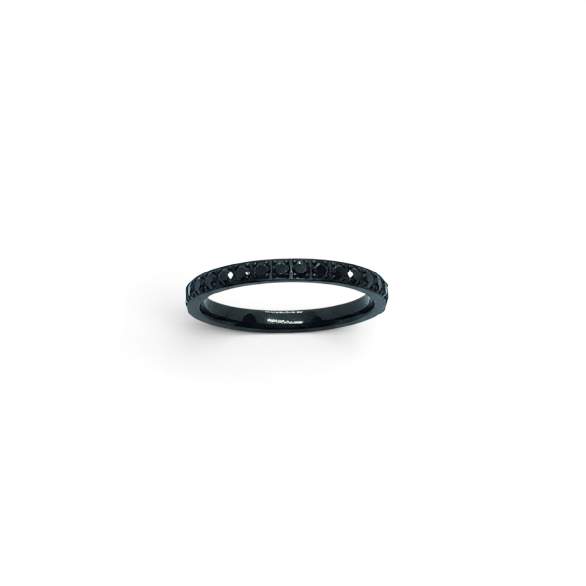 Rare Earth Gallery 2mm titanium ring with black IP plating and a half-band of sparkling black cubic zirconia stones.