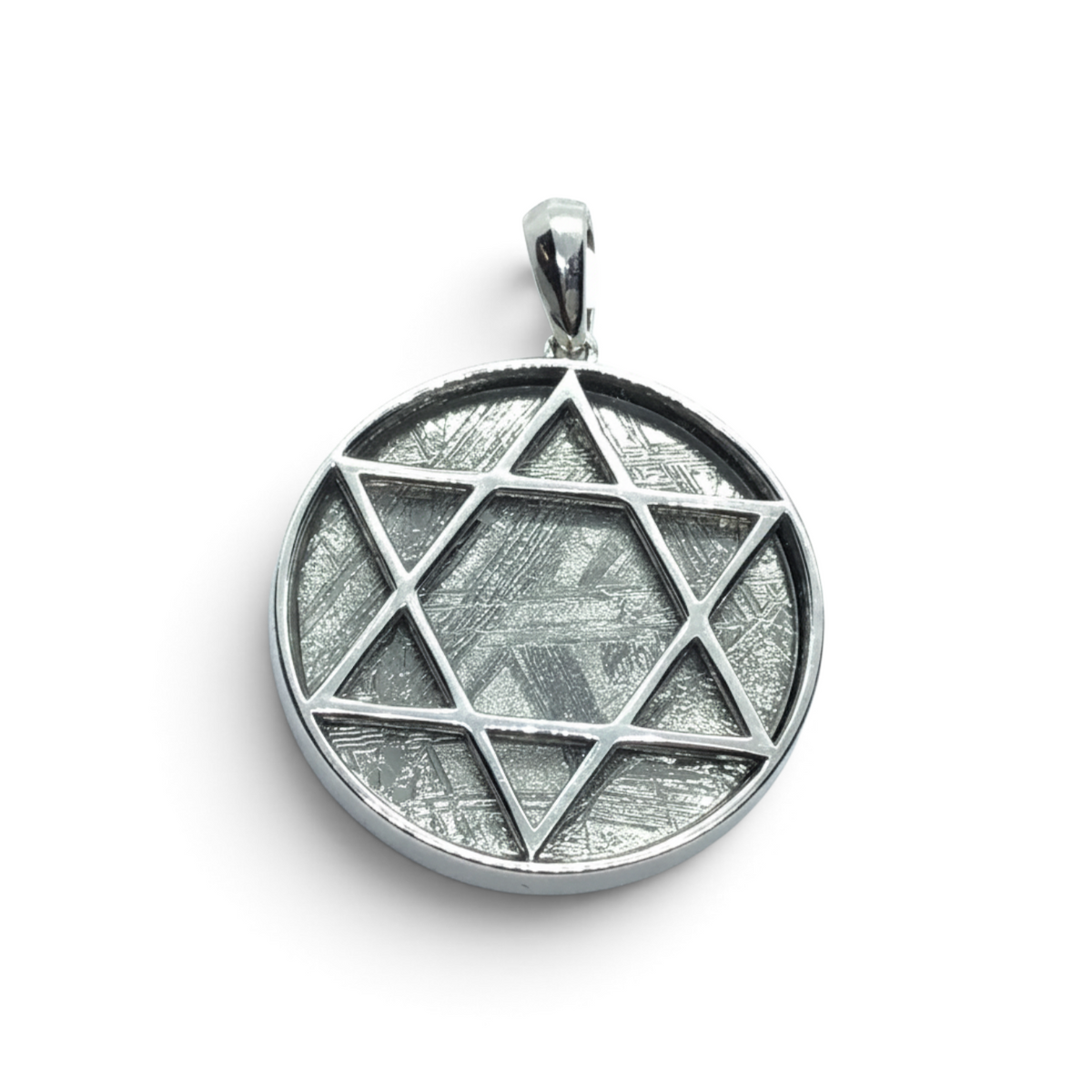 Rare Earth Gallery Muonionalusta meteorite pendant featuring a Star of David in polished 925 sterling silver.