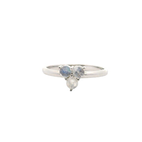 Rainbow moonstone ring featuring three round cabochons prong set in simple sterling silver, size 5.