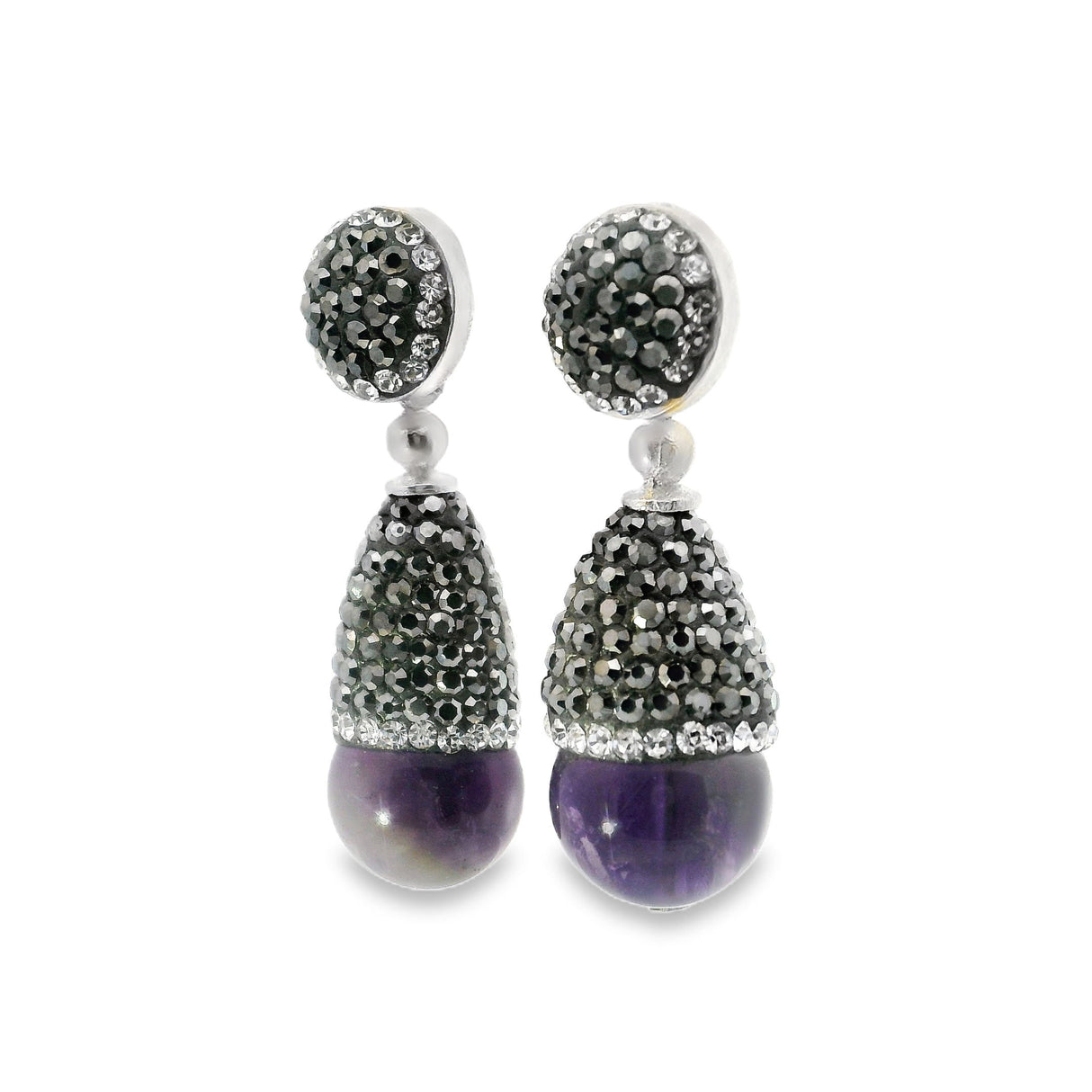 Amethyst Dangle Earrings - Amethyst Sphere Below Reverse Cone of Marcasite & Silver Swarovski Crystals with 925 Sterling Silver