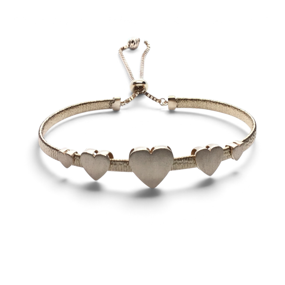 Rose gold plated adjustable bolo bracelet with five solid hearts on mesh band